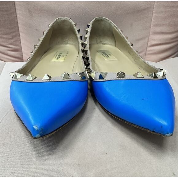 VALENTINO Shoes Ballet Flats Size 37 Blue ROCKSTUD Studded Pointed Toe Luxury - Picture 3 of 16